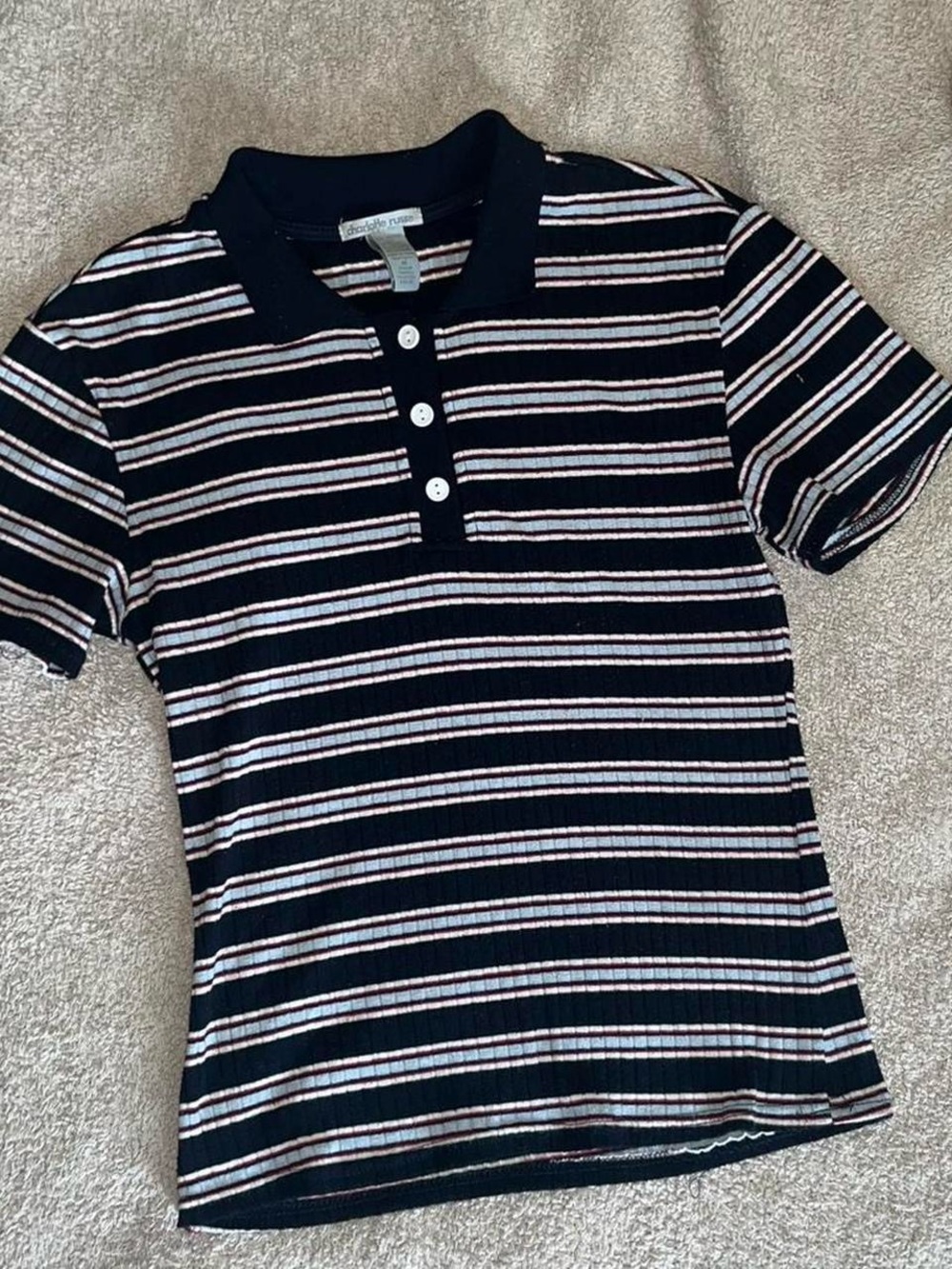 Charlotte Russe Short-Sleeve Polo Top - Black Striped